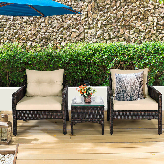 3 Pcs Outdoor Patio Rattan Conversation Set with Seat Cushions-Black