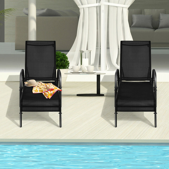 2 Pcs Outdoor Patio Lounge Chair Chaise Fabric with Adjustable Reclining Armrest-Brown