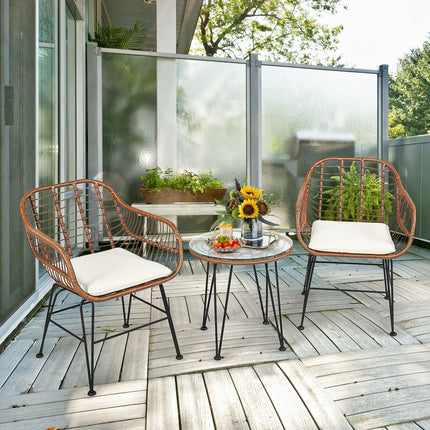 3-Piece Rattan Bistro Set with Cushions and Glass Table