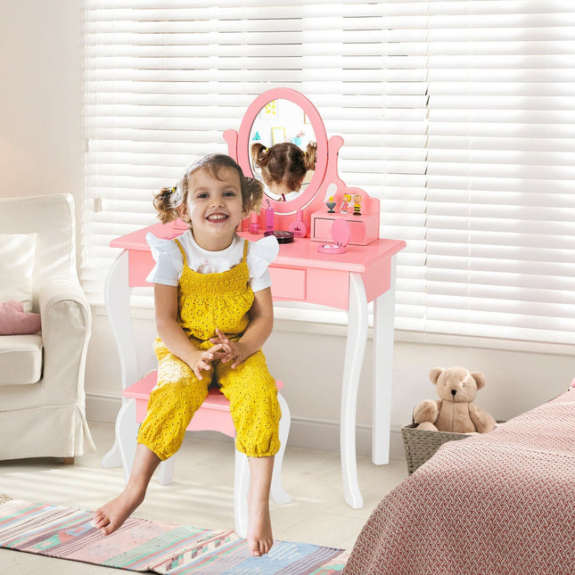 Kids Vanity Princess Makeup Dressing Table Stool Set with Mirror and Drawer