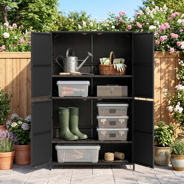 Rattan Vertical Storage Shed with Adjustable Shelves