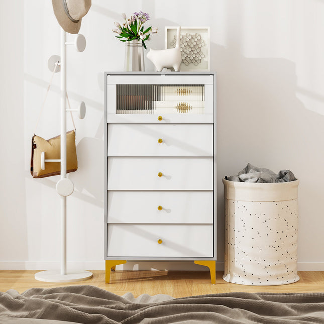 4 Drawer Modern Storage Cabinet with Flip Up Fluted Glass Door-Gray and White