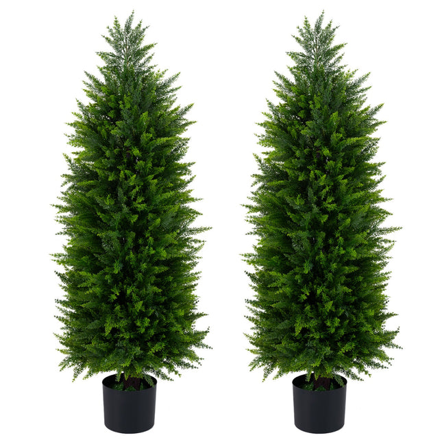 4 FT Artificial Topiary Tree Set of 2 Faux Cedar Cypress Plants in Cement-Filled Pots