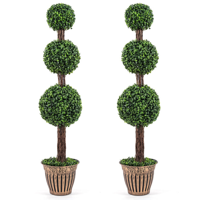 4 FT Artificial Triple Ball Boxwood Tree with Cement-filled Retro Planter Set of 2