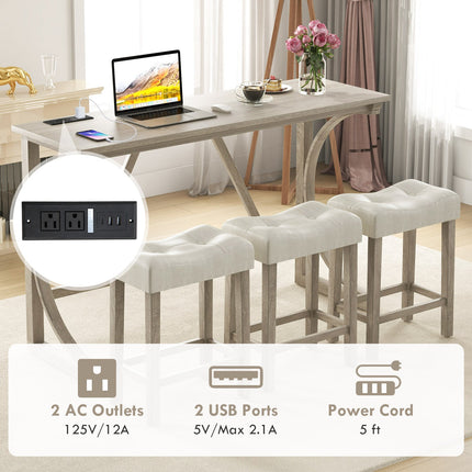 4-Piece Bar Table Set with Power Outlet and Upholstered Saddle Seat Stools-Grey and Beige