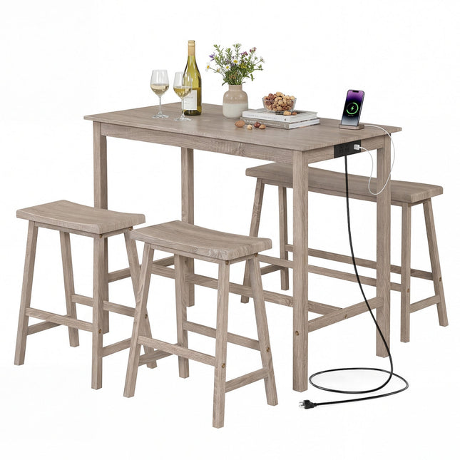4-Piece Counter Height Dining Table Set with Power Outlet Solid Rubber Wood Kitchen Table