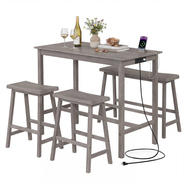 4-Piece Counter Height Dining Table Set with Power Outlet Solid Rubber Wood Kitchen Table