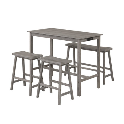 4-Piece Counter Height Dining Table Set with Power Outlet Solid Rubber Wood Kitchen Table