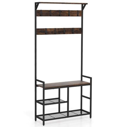 4-Piece Industrial Living Room Set: Fireplace TV Stand + 3-Tier Industrial Style Coffee Table + 71 Inch Freestanding Hall Tree + Adjustable C-shape Sofa Side Table