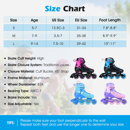 4-Size Adjustable Light-Up Inline Skates for Toddlers Ages 5-7