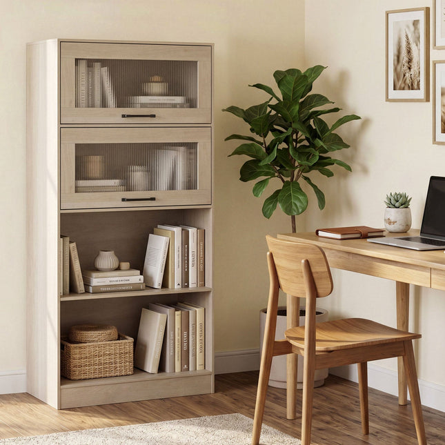 4-Tier Bookshelf with Storage Cabinets - Natural Wood