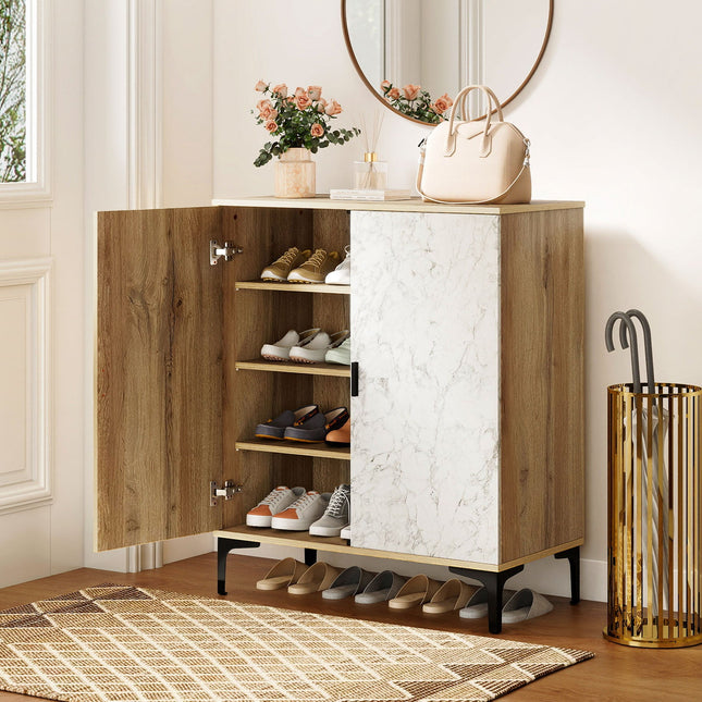 4 Tier Farmhouse Shoe Storage Cabinet with Removable Shelves and Metal Legs