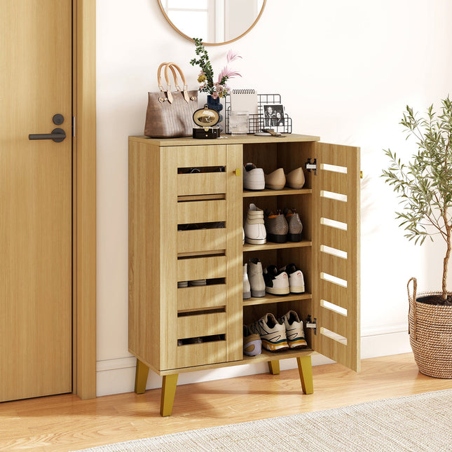 4-Tier Modern Freestanding Wooden Shoe Cabinet with Doors and Removable Shelves-Oak