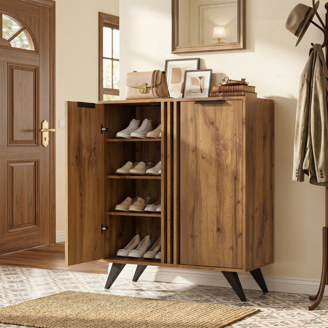 4-Tier Shoe Cabinet with 2 Doors - Natural Wood Finish