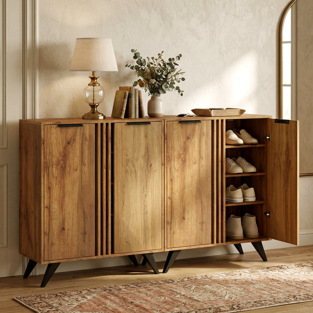 4-Tier Shoe Cabinet with 2 Doors - Natural Wood Finish