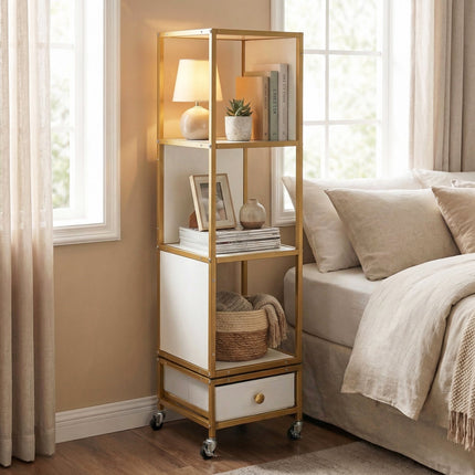 4-Tier Rotating Bookshelf on Wheels with Removable Drawer