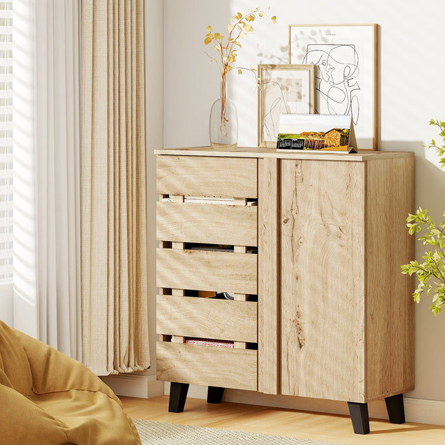 4-Tier Shoe Cabinet 2-Door Storage Organizer with Louvered Door-Natural