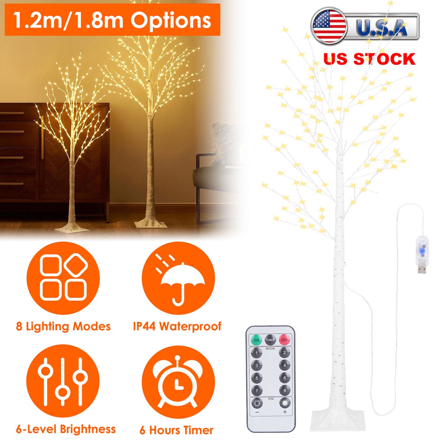 Lighted Birch Tree Artificial White Birch Twig Tree with 8 Warm White Lighting Modes for Wedding Party Christmas Holiday Festival Home Decoration