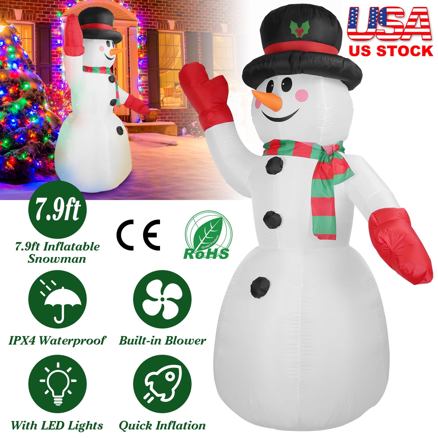 7.9FT Christmas Inflatable Giant Snowman Blow up Light up Snowman with LED Lights Hat Scarf  IPX4 Waterproof Christmas Outdoor Yard Lawn Holiday Decor