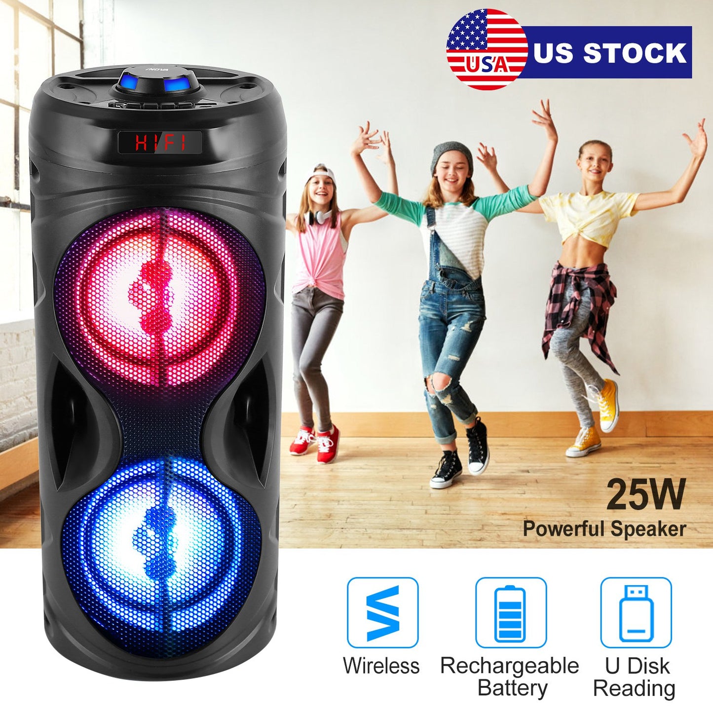 Portable Wireless Party Speaker Karaoke Machine Wireless Speaker with LED DJ Light FM Radio Supports MMC Card/USB Microphone Aux-In for Party Home TV