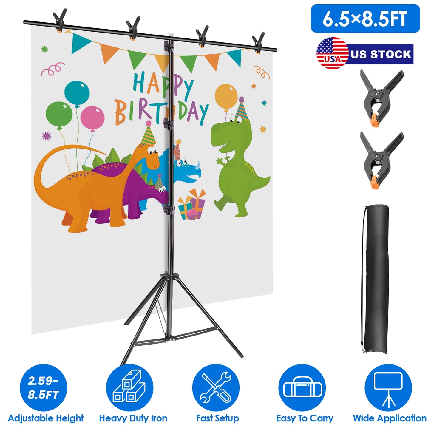 6.5 8.5FT T-Shape Photo Video Backdrop Stand Heavy Duty Background Stand Adjustable Photography Backdrop Stand with 6 Spring Clamps Sandbag Carry Bag
