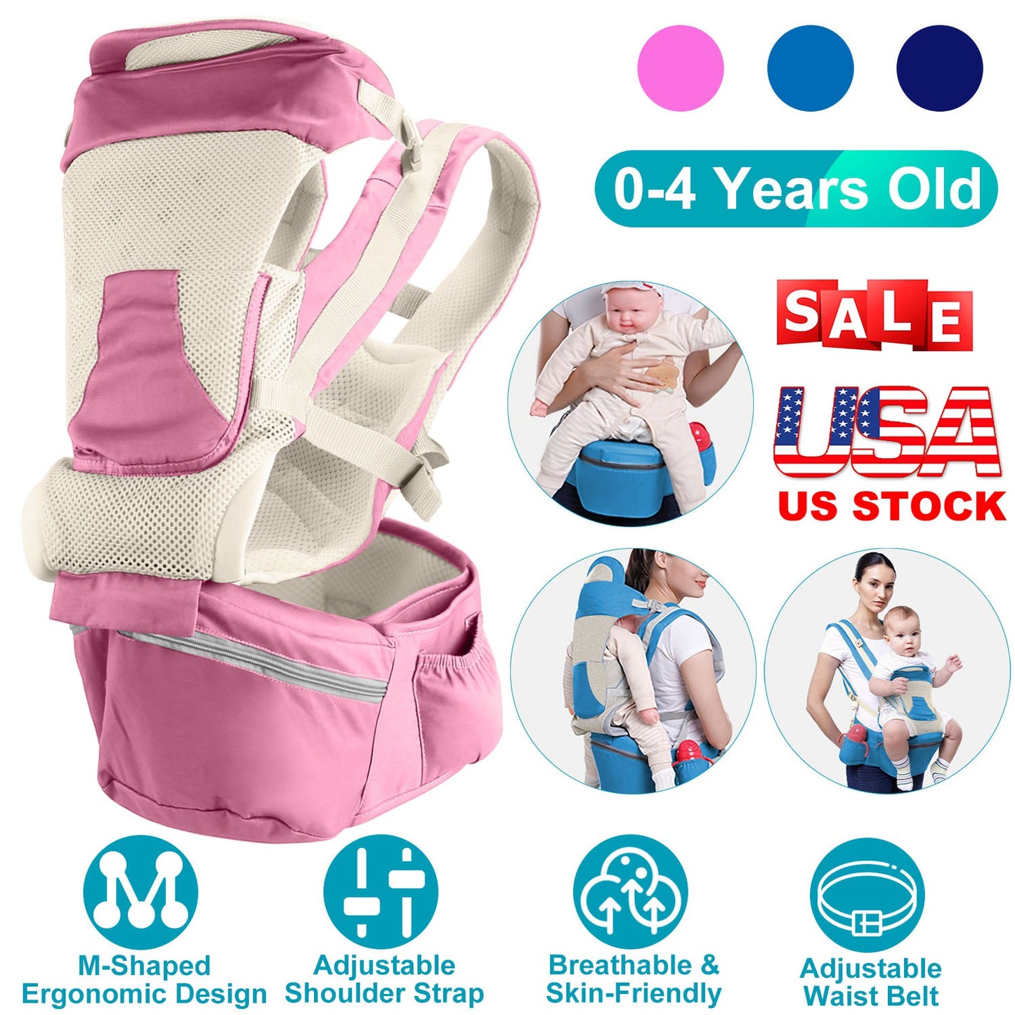Multifunctional Baby Carrier With Hip Seat Head Hood Front Back Side Carrying All Position Ergonomic Adjustable Infant Carrier For 0-4 Years Old Newbo