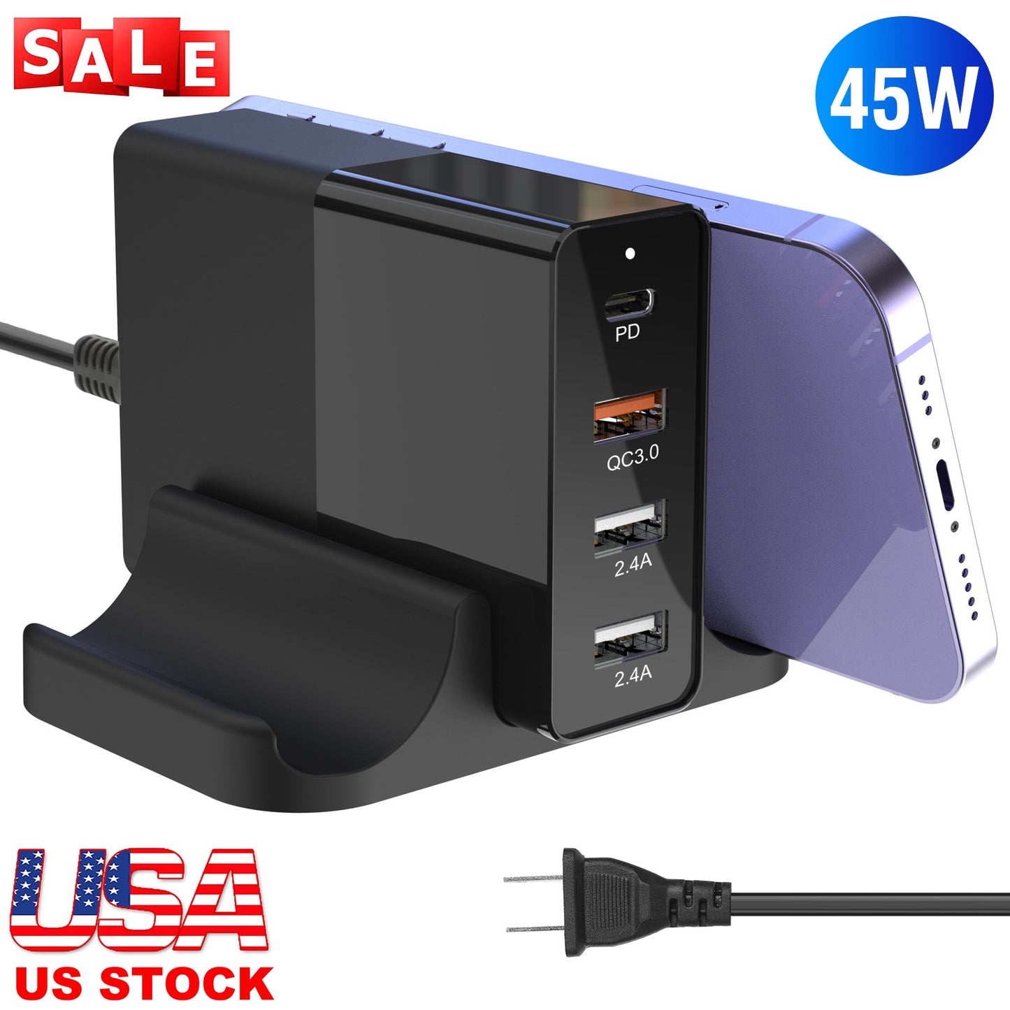 USB Fast Charger 45W 4-Port Fast Charging Station Type-C Wall Charger PD Adapter with 1 Type-C Port 3 USB-A Ports Fit for IOS Phone 13/iPad/Galaxy/Lap