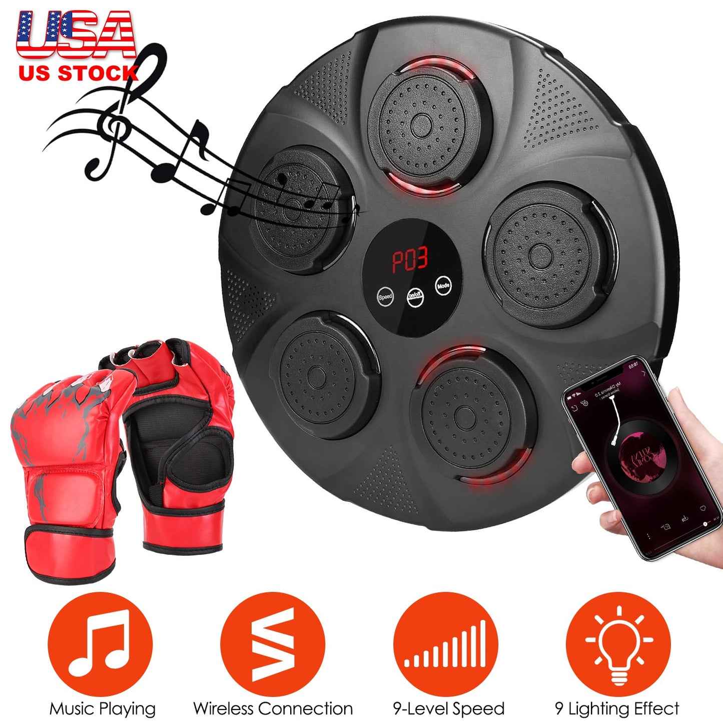 Music Boxing Machine Electronic Wall Target Punching Pad LED Lighted Sandbag Boxing Training Machine Exercise Equipment with Half Finger Adult Boxing