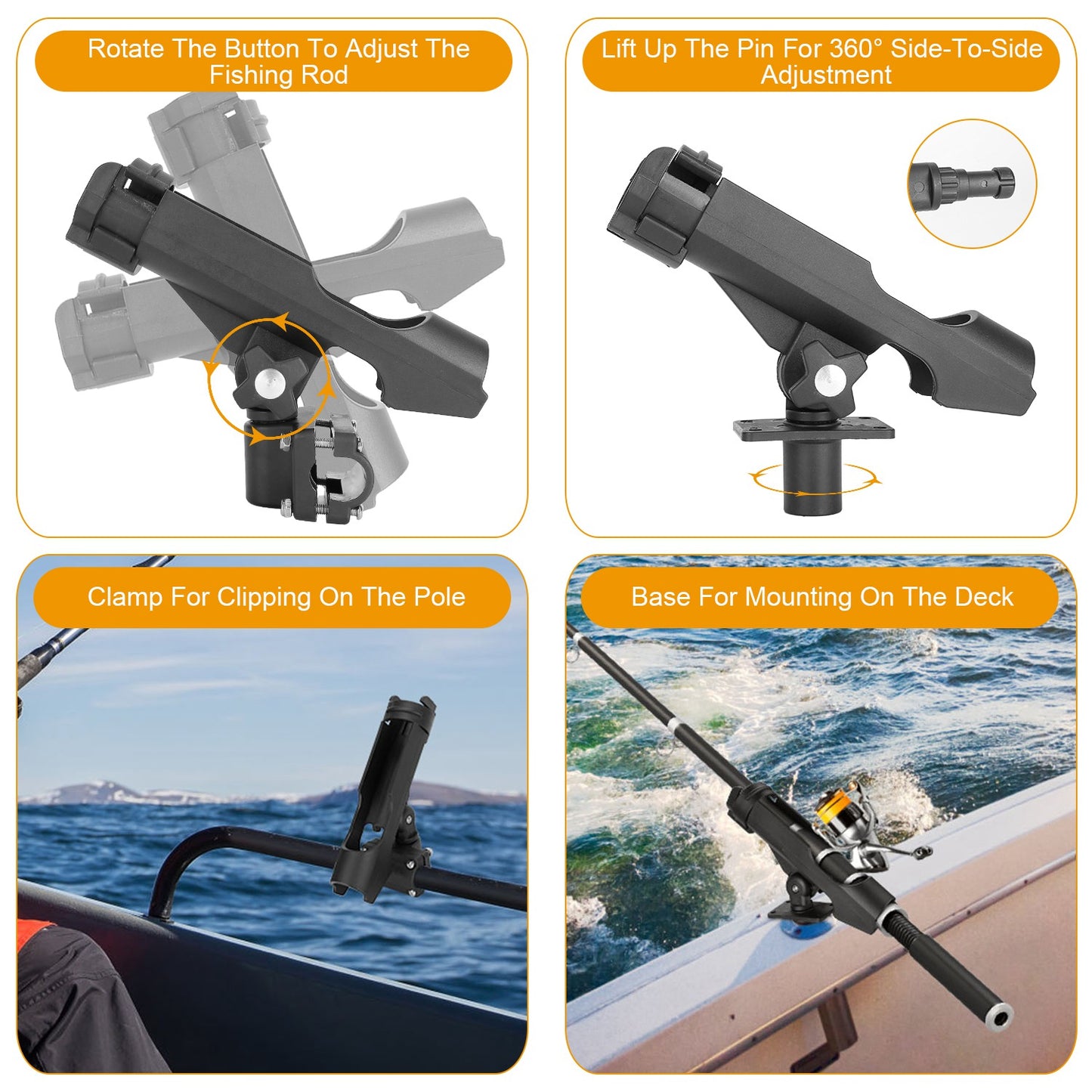 Boat Fishing Pole Rod Holder 360¡ Rotatable Kayak Side Rail Mount Adjustable Folding Rod Holder w/ Large Clamp