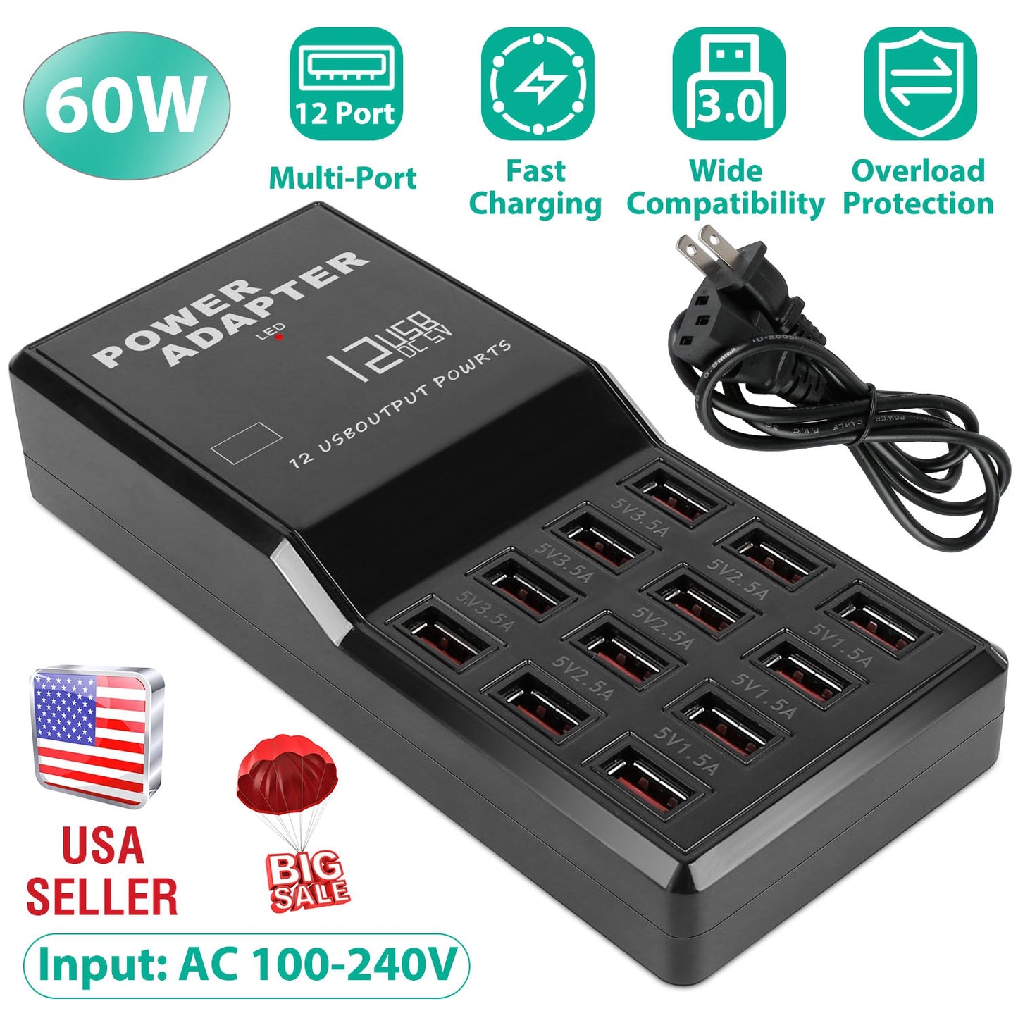 Multi 12 Port USB Charging Station Hub 60W Desktop USB Hub Multiple USB Charger Fast Charge For iPod iPhone 3.74ft Power Cord