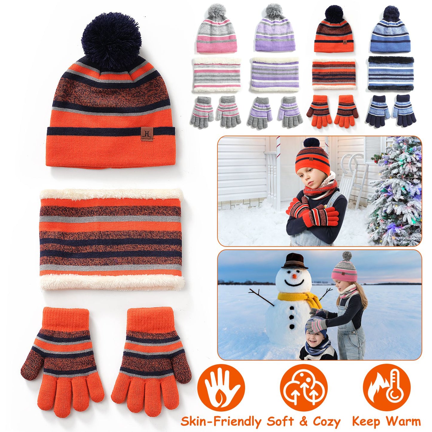 Winter Kids Knitted Hat Scarf Gloves 3Pcs Boys Girls Winter Warm Beanie Hat and Glove Scarf Set Beanie Neck Warmer Mittens for 4-7-Year-Old Kids