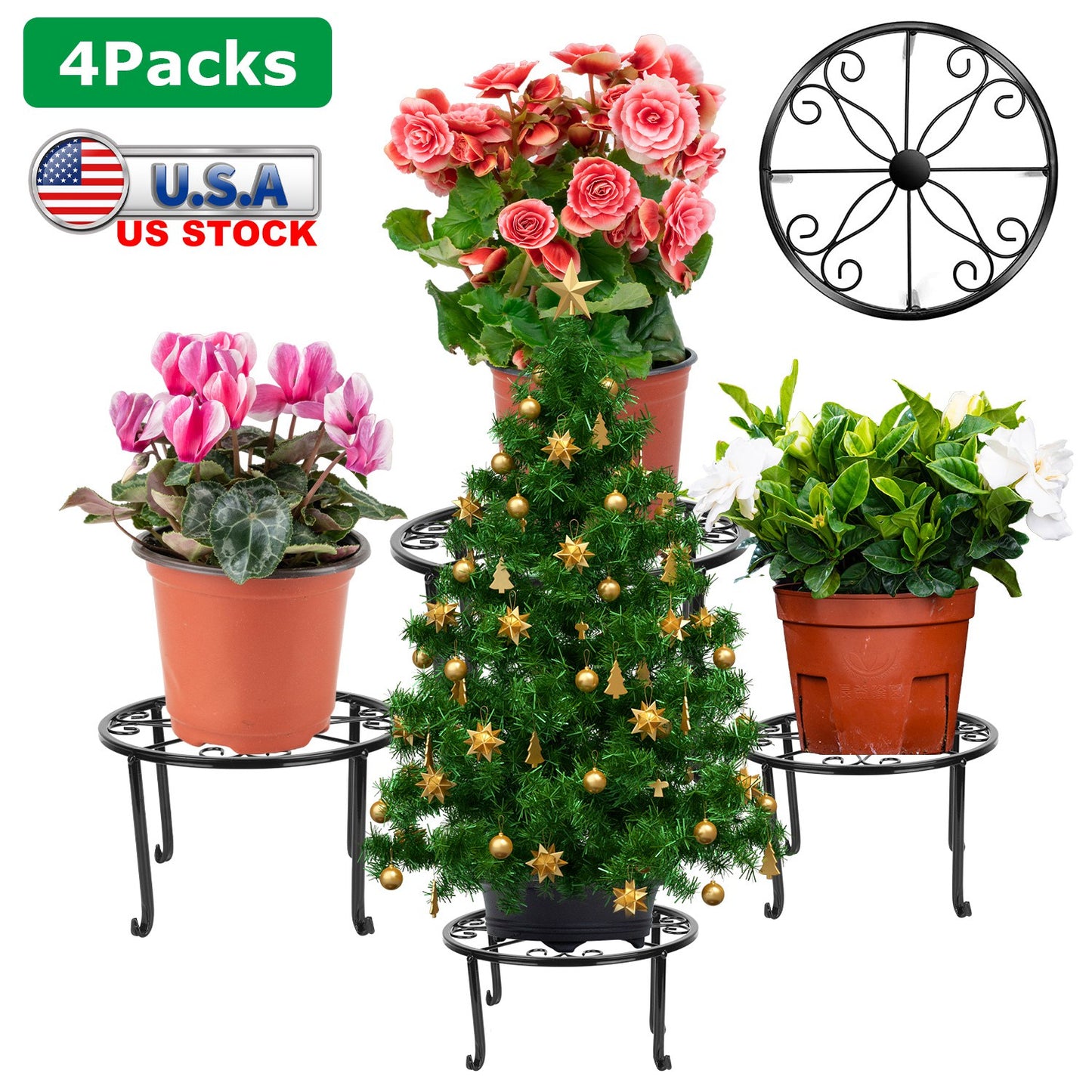 4Packs Iron Plotted Plant Stands Shelves Heavy Duty Round Flower Pot Holder Rack Home Yard Garden Patio DŽcor