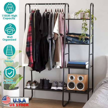 Metal Garment Hanging Rack Shoe Clothing Organizer Shelves Freestanding Clothing Hanging Rail Clothes Wardrobe Shoe Display Organizer with 1 Hanging R