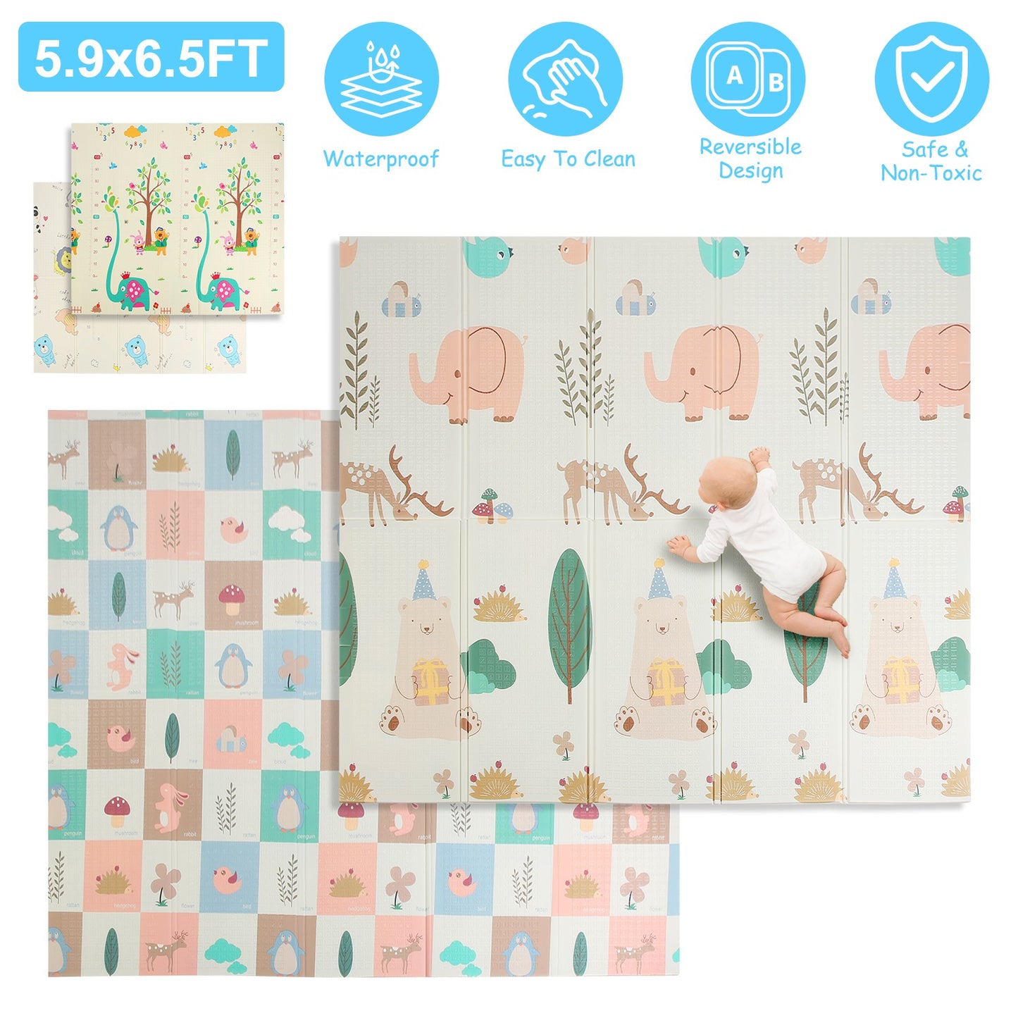 5.9x6.5FT Foldable Baby Play Mat Extra Large Waterproof Activity Playmat For Floor With Carrying Bag Reversible Foam Baby Mat For Babies Toddlers Infa