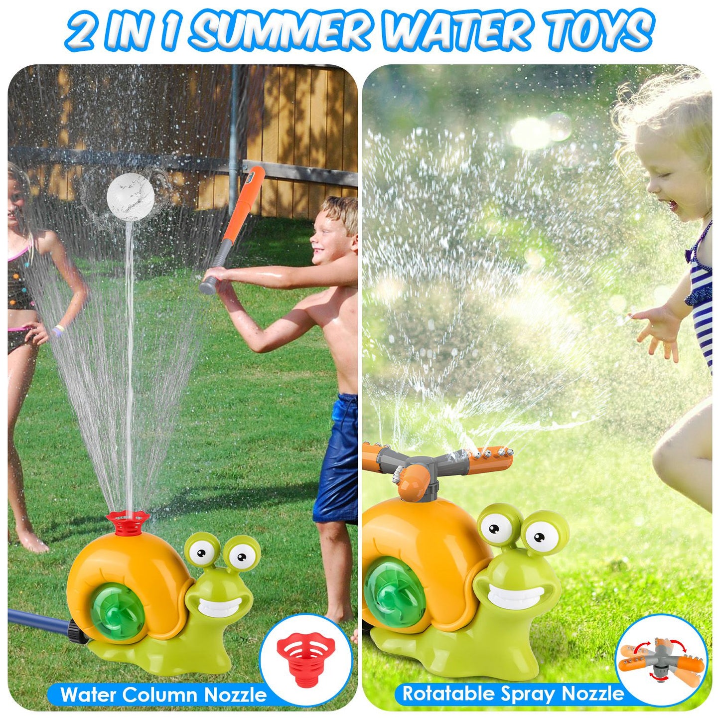 2 In 1 Snail Water Sprinkler Baseball Toy With 2 Sprinkler Nozzles 360¡ Rotating Spray Baseball Sprinkler Summer Water Toy For 4-8Years Old Boys Girls
