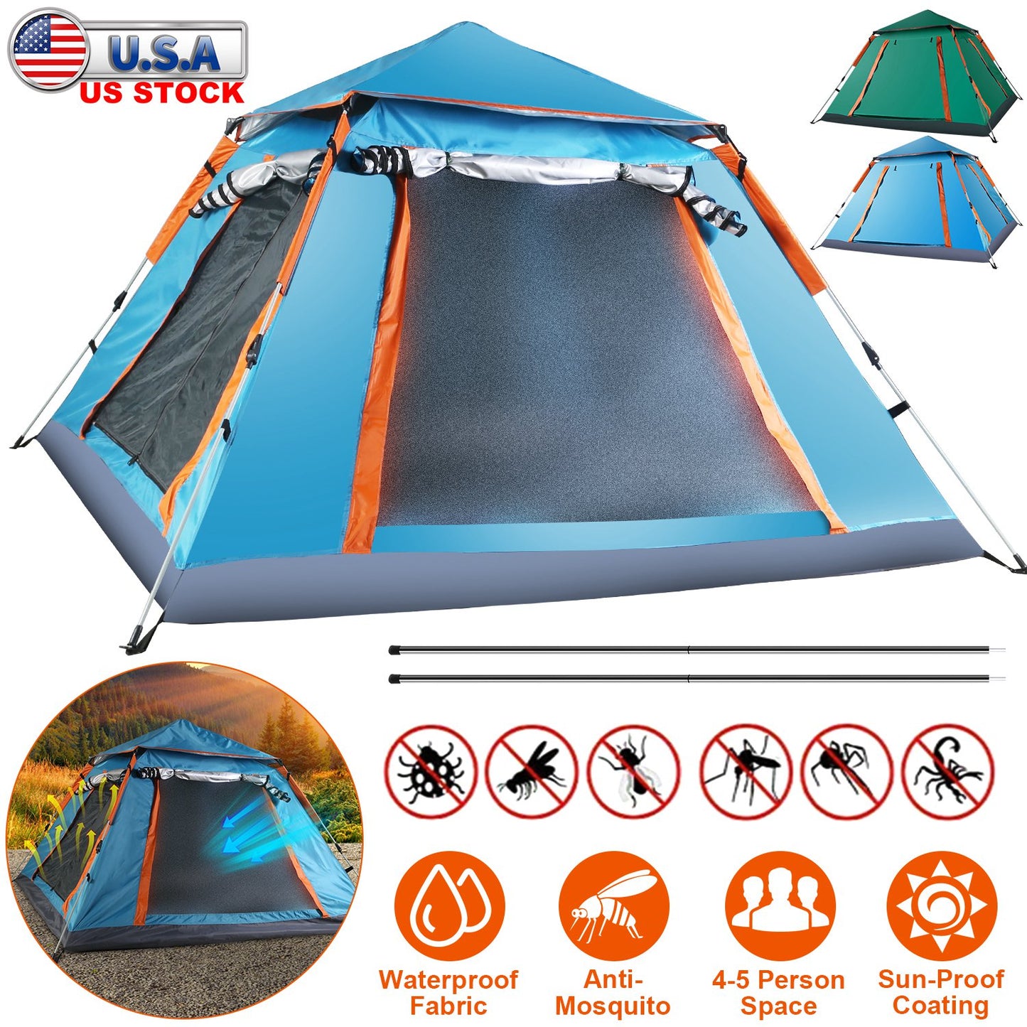 4-5 Person Camping Tent Outdoor Foldable Waterproof Tent with 2 Mosquito Nets Windows Carrying Bag for Hiking Climbing Adventure Fishing