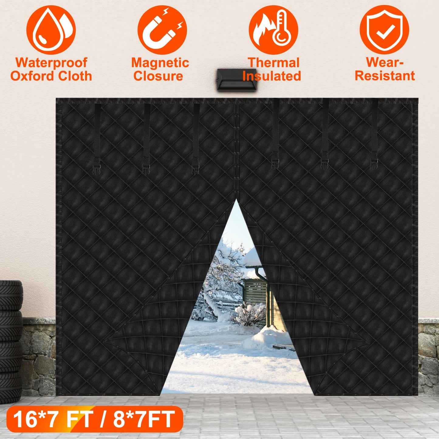 16*7FT Magnetic Thermal Insulated Garage Door Curtain for Winter Two-Car Garage Screen with Magnetic Closure 8 Roll Up Buckle Straps for Two Cars Weat