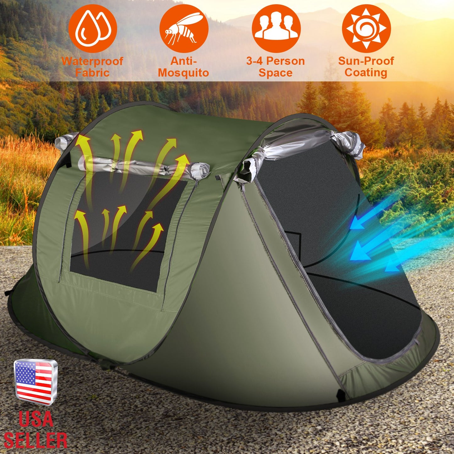 3-4 Person Pop Up Tent Automatic Setup Camping Tent Waterproof InstantÊSetup Tent with 2 Mosquito Net Windows Carrying Bag for Hiking Climbing Adventu