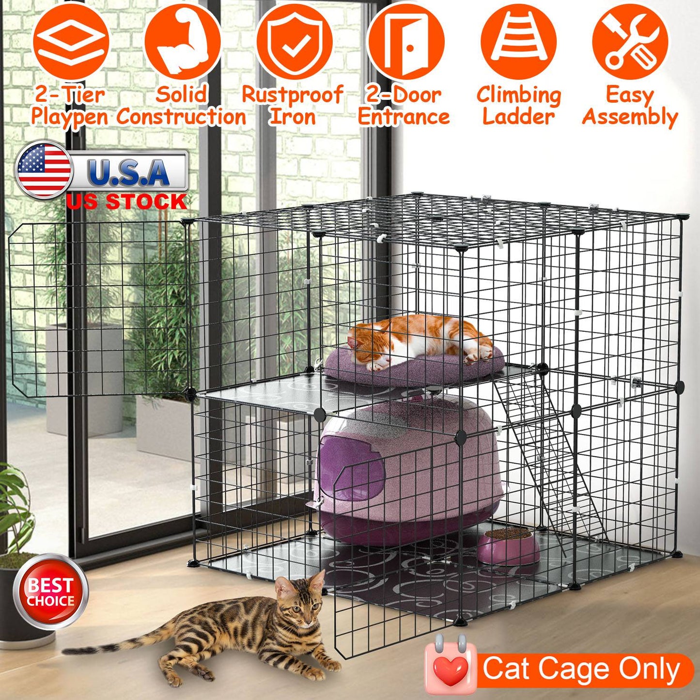 2Tier Cat Cage Playpen Indoor Pet Enclosures Kitten Kennel House Detachable Cat Crate with Climbing Ladder 2 Doors for 1-2 Cats for Ferret Squirrel Sm