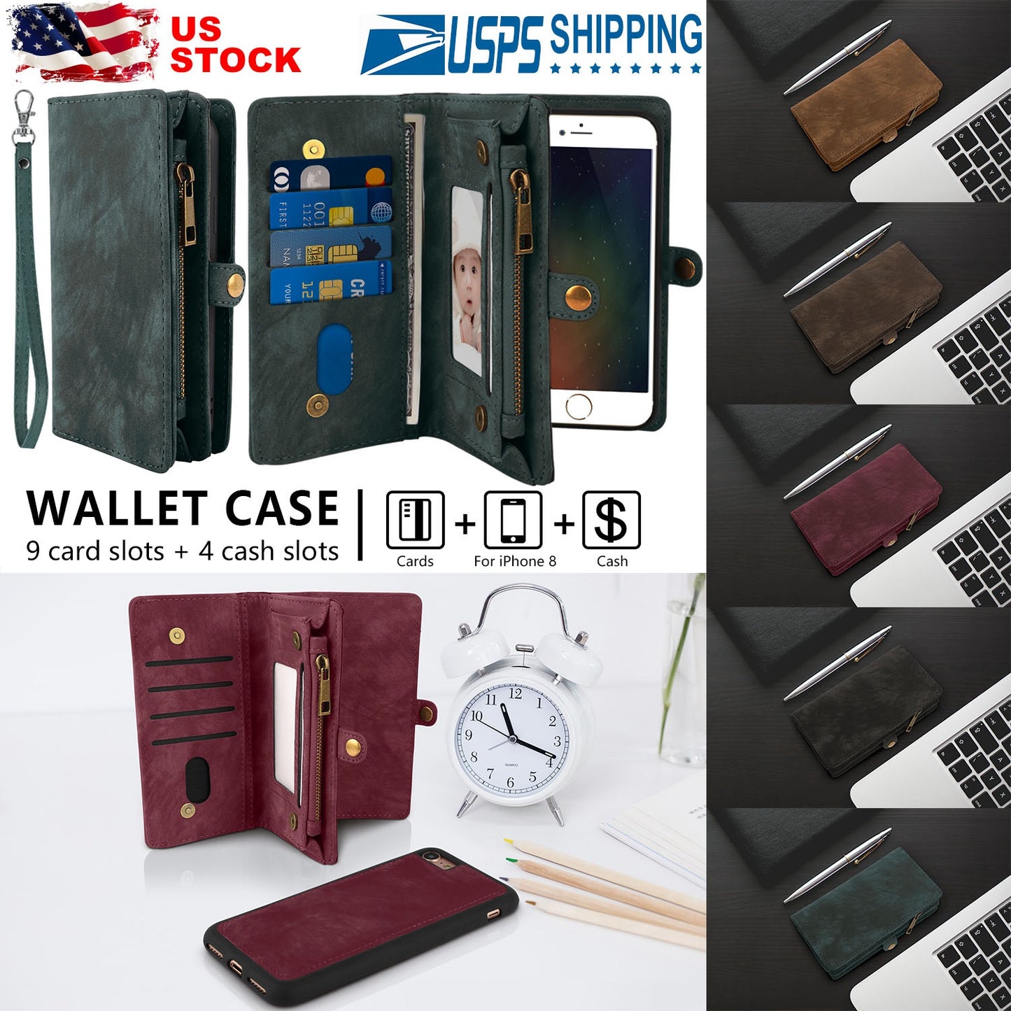 Phone Wallet Case For iPhone 8 Portable Wallet Case 2 in 1 Leather Zipper Magnetic Detachable 13 Card Slots Money Pocket Clutch Cover W/ID Widows
