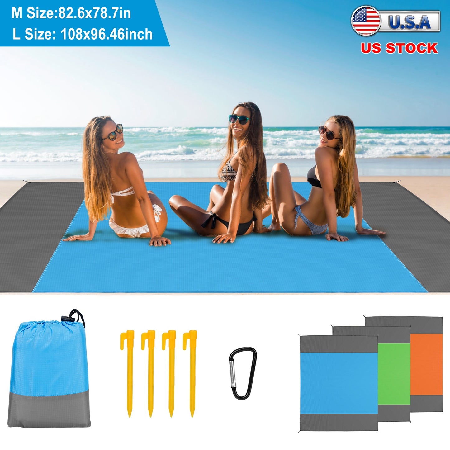 82.6x78.7in Sand Proof Picnic Blanket Water Resistant Foldable Camping Beach Mat w/ 4 Anchors 1 Carry Bag For 2-3 People