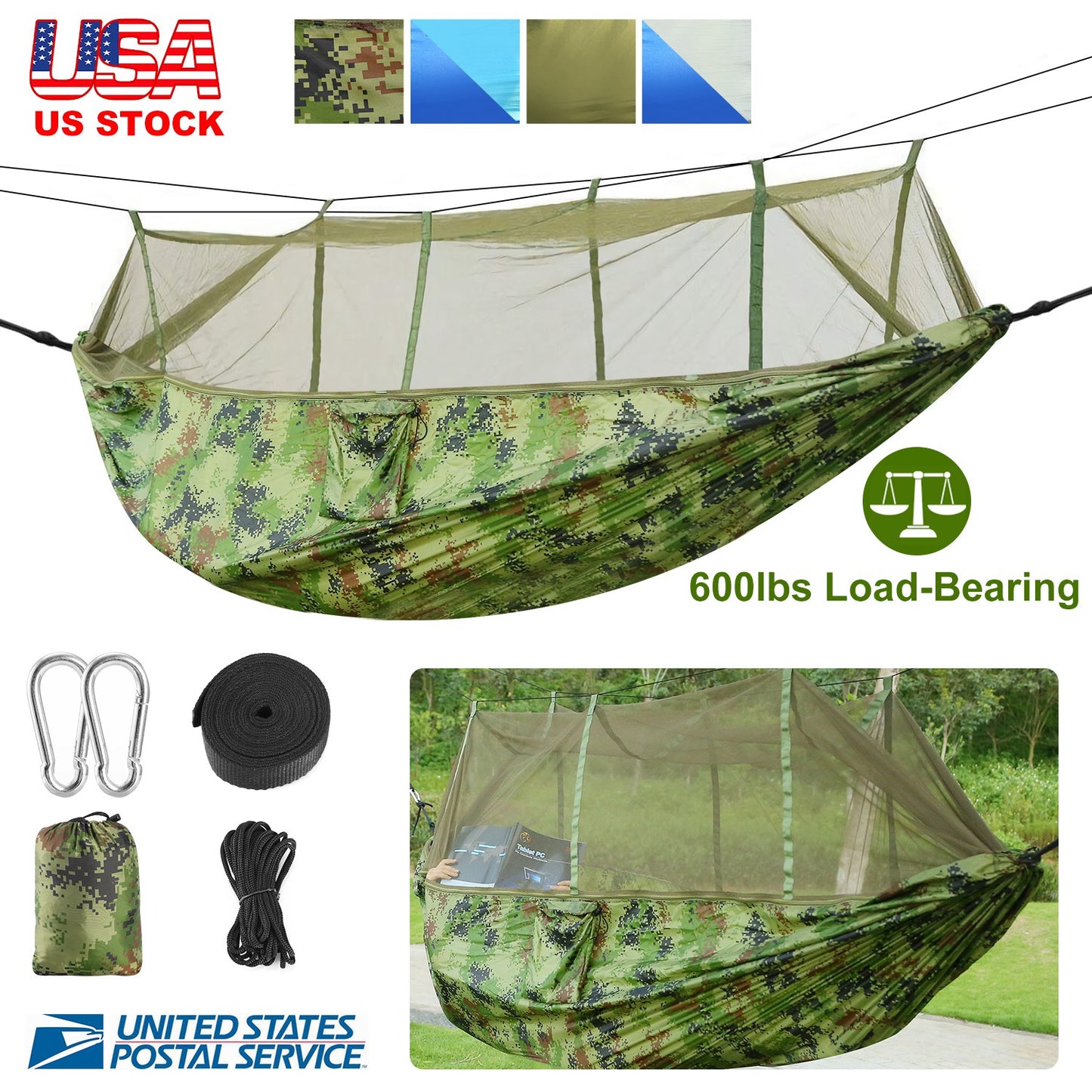 600lbs Load 2 Persons Hammock w/Mosquito Net Outdoor Hiking Camping Hommock Portable Nylon Swing Hanging Bed w/ Strap Hook Carry Bag