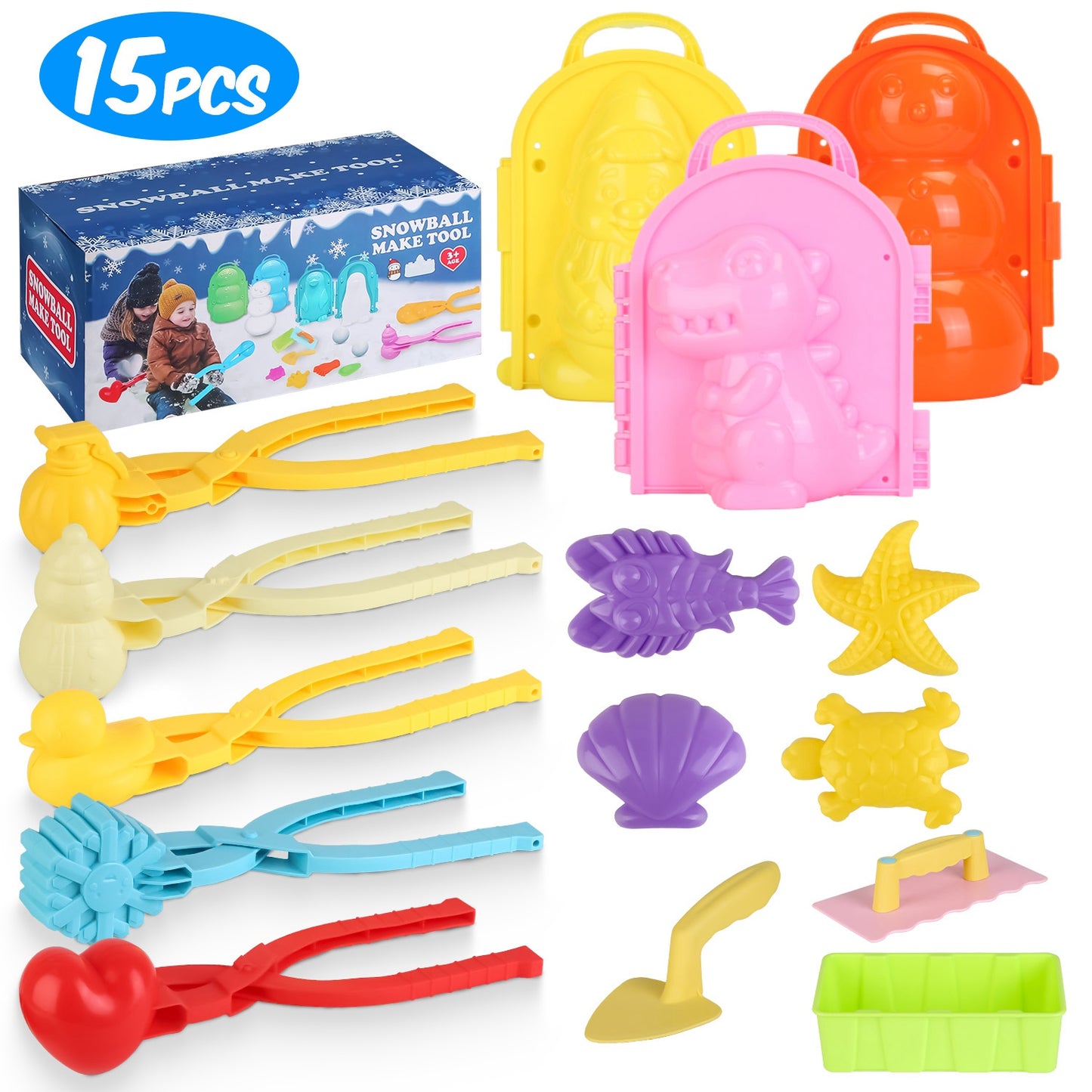 15Pcs Winter Snowball Tool Kit Kids Snow Molds Outdoor Snow Beach Toys for Kids Toddlers Adults Snowman Snowflake Duck Dinosaur