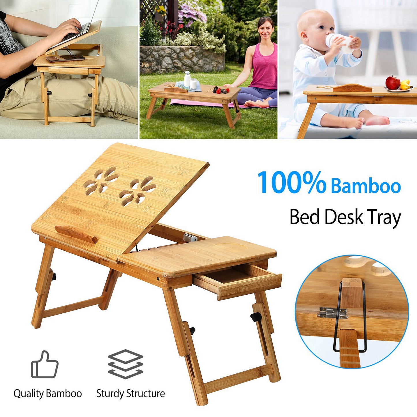 Bamboo Laptop Desk Breakfast Serving Bed Tray Foldable Leg Multi-Position Adjustable Tilt Surface Bed Lap Tray with Side Storage Drawer for Work Study