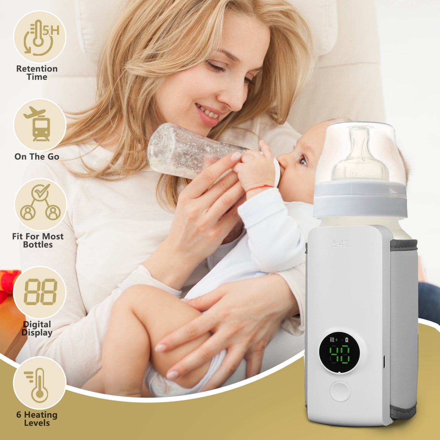 Portable Bottle Warmer On The Go Baby Milk Warmer Milk Formula Warmer for Travel with 6 Heating Levels USB Rechargeable Keep Milk Warm for 5 Hours