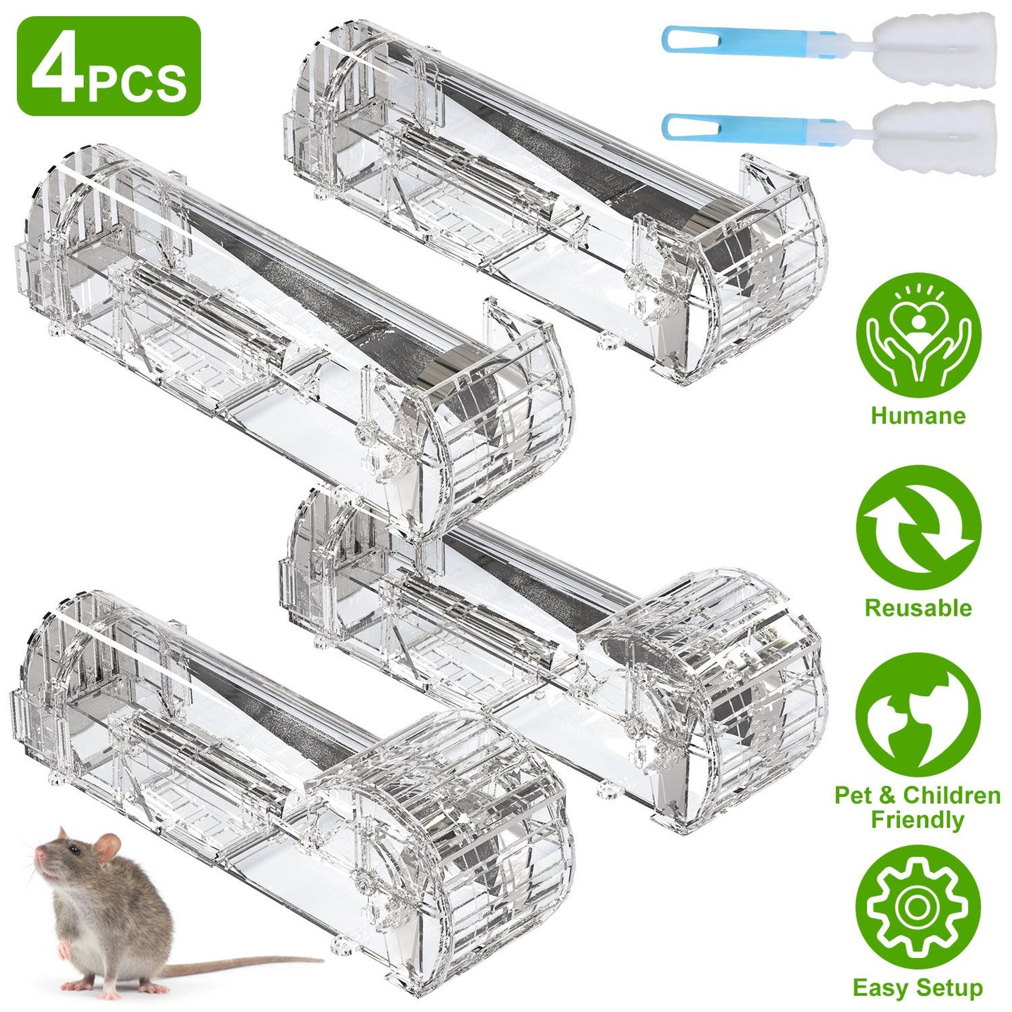 4Pcs Humane Live Mouse Trap Reusable Rat Rodent Trap Catch Release Cage Safe for Family Children Pets Easy Setup