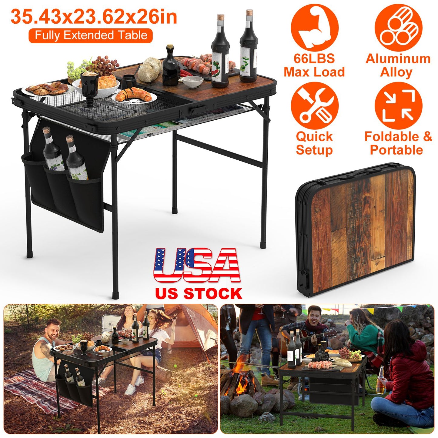 35.43x23.62x26in Foldable Camping Table Collapsible Picnic Aluminum Alloy Grill Stand 66LBS Max Load Height Adjustable BBQ Table with Adjustable Heigh