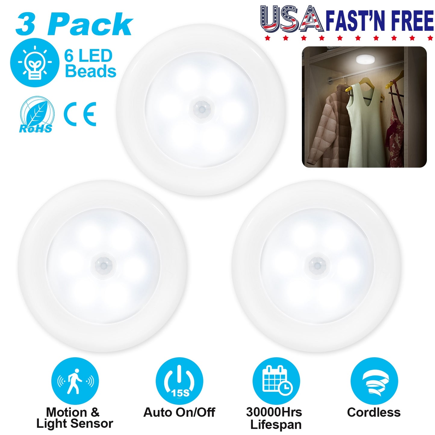 3Pcs Motion Sensor Light Closet Lights Magnetic Stick-on Cordless Night LED Lamp Battery-Powered for Stair Hallway Cabinet Camping