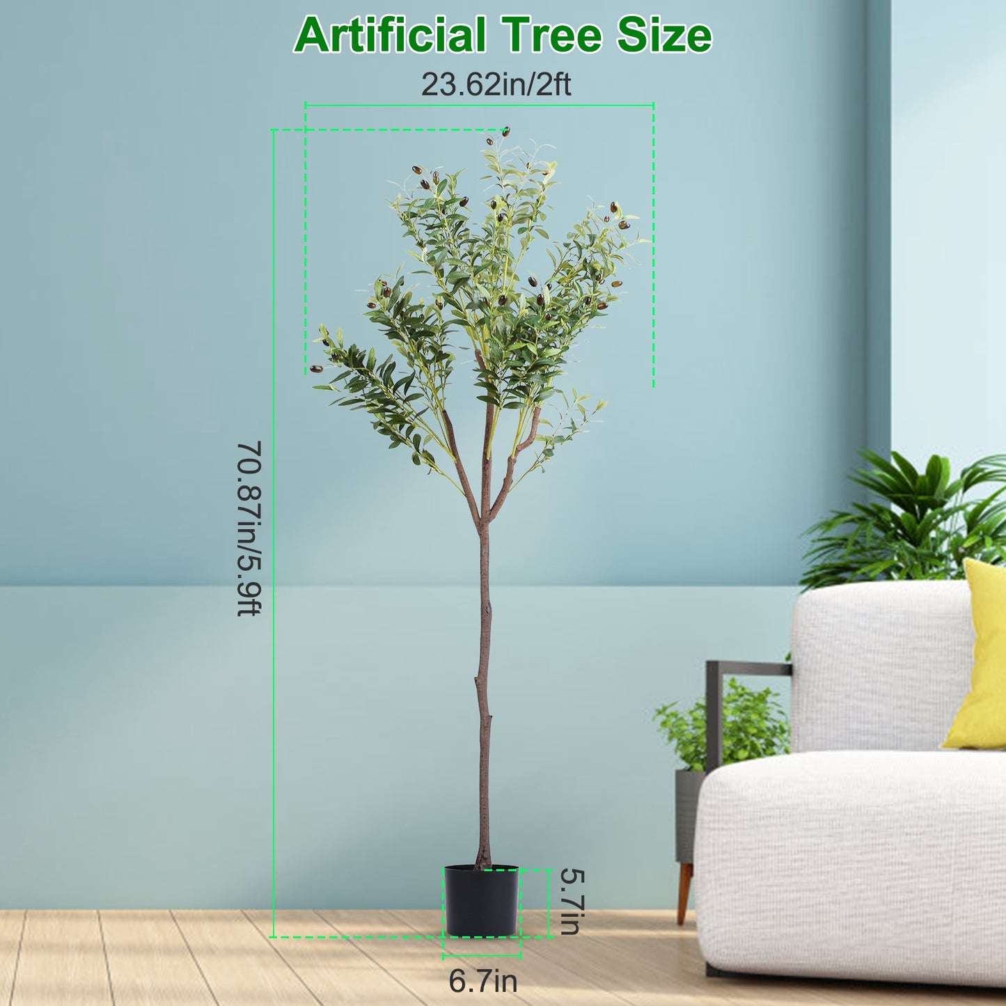 5.9FT Artificial Olive Tree Tall Fake Olive Plant Faux Potted Olive Tree with Lush Olive Branches and FruitsÊwith Black Planter Pot for Modern Home Of