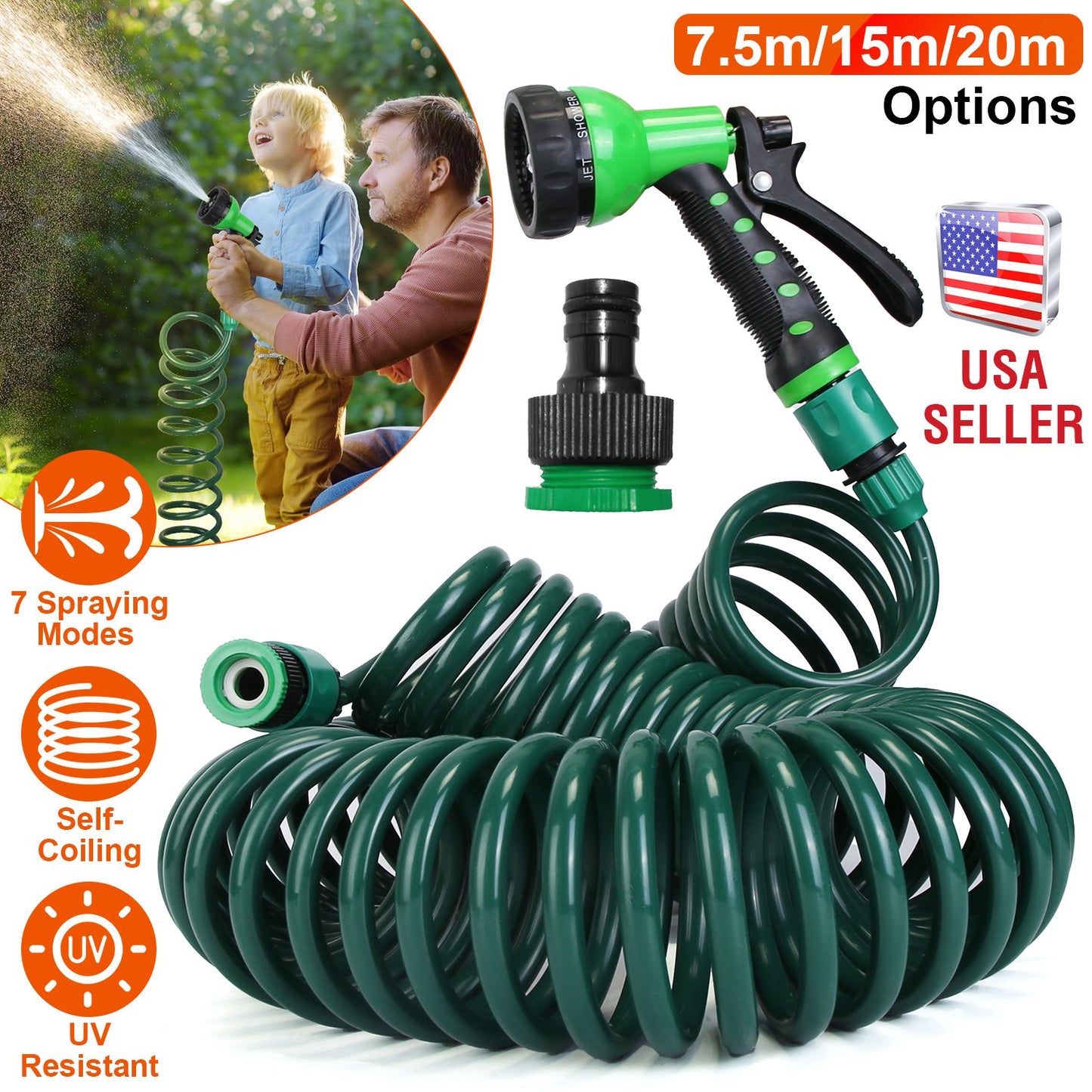 EVA Recoil Garden Hose Flexible Self-coiling Water Hose with 3/4Ó and 1/2Ó Adapter with 7 Spraying Modes for Boat Greenhouse Yard Patio